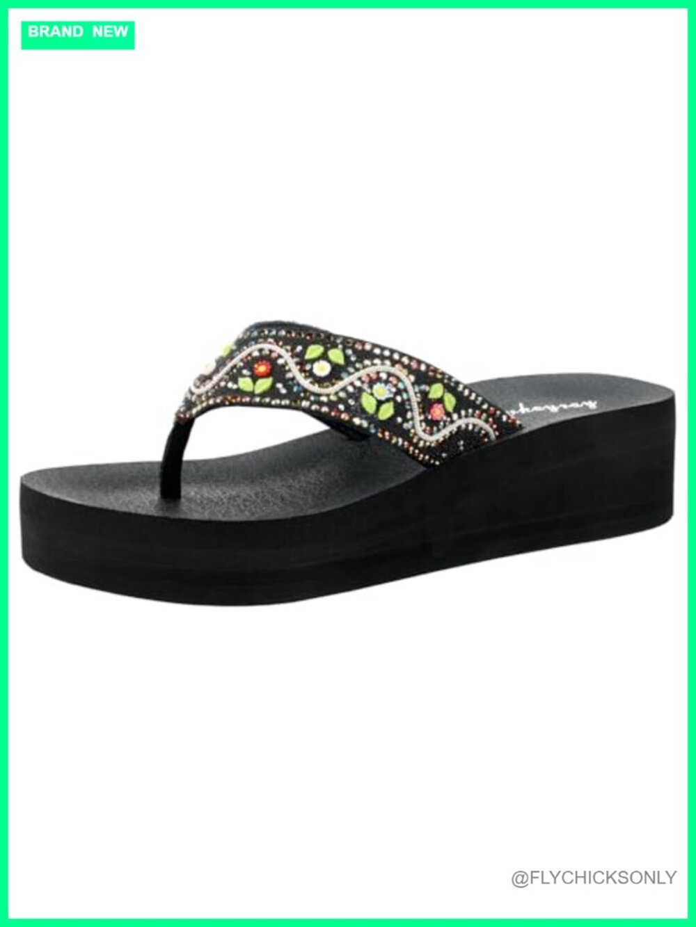 Rhinestone Wedge Platform Flip-Flop Sandals Leather Comfort